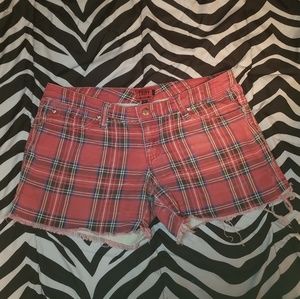 TRIPP red plaid stretch jean shorts cut off
